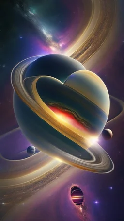 heart-shaped planet in space, with saturn rings , photorealistic