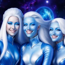 Plusieurs pleiadiens souriants à peau bleue et à long cheveux blancs