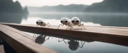 close up on dented glowing ghost transparent ant skeleton rat babies in fast boat with googly eyes, raised by ninja necromancer in the wild, on wooden bridge by lake in surreal reflecting stone chrome landscape, background motion blur, volume light fog, rays