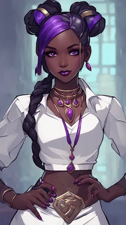 arcane tv show style, league of legends, solo, 1girl, attractive teenager, african, dark skin, dark-brown eyes, black hair, pair buns, violet strands of forehead bangs, necklace, earrings, modern makeup, (detailed skin texture), white oversize shirt