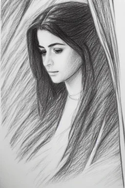 Pencil sketch of Young woman look through the window , Arab features,sad, long wavy hair, full body، on lined paper