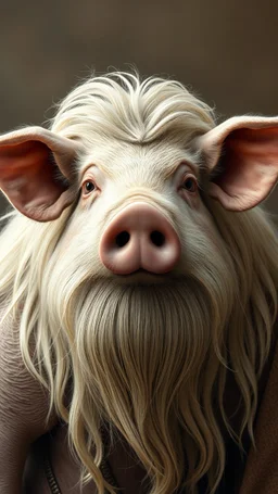 A pig with human look face and long hair and beard looks like an ancient Sumerian gods