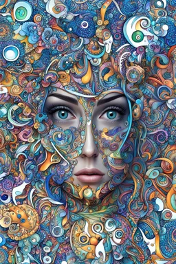 masterpiece woman front face portrait, (detailed eyes), embedded, asymmetrical composition, ornaments, objects agglomeration, small air duct pipes, intricate, complex, colorful, 4k, sharp