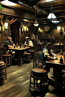 pirate tavern, pirates of the Caribbean style, tables with drunk people sitting
