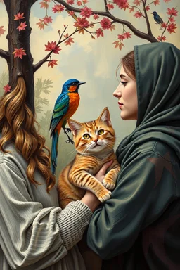 College pictures of love, birds, cats, babies, beautiful women, oil painting style, for famous artists , ultra high quality, 8k, cinematic