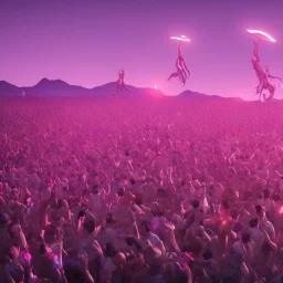 GIANT DANCE PARTY, FESTIVAL IN THE MOUNTAINS, MUSIC FESTIVAL, CROWD, ALIENS, cinematic lighting, 4k, 8k, octane render, digital concept art, ambient lighting, PINK