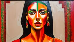 painting of a woman , cubist painting, tumblr, figurative art, asymmetrical face, red and green tones, arabic art, fantasy acrylic on canvas, trending artstion, trending on devian art, tribal art, (oil) painting,