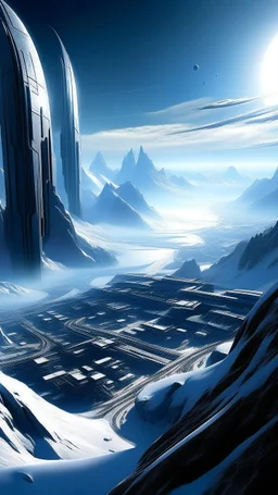 sci fi planet, busy city, futuristic mountains, snow caps, zaha hadid, mass effect