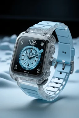 Imagine the iced-out Apple Watch set against a backdrop reminiscent of glacial beauty, with hints of glistening ice formations and a cool, icy color palette to amplify its icy allure.