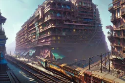 close up train+Elevated train+riomaggiore corner building+Italian colourful sea village +alphonse mucha, greg rutkowski,matte painting, cryengine, hyper detailed, felix kelly, fantasy art, seb mckinnon