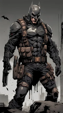 Redesigned Todd McFarlane style futuristic military commando-trained villain batman spawn heist. full face mask. Bloody. Hurt. Damaged. Accurate. realistic. evil eyes. Slow exposure. Detailed. Dirty. Dark and gritty. Post-apocalyptic Neo Tokyo .Futuristic. Shadows. Sinister. Armed. Fanatic. Intense.