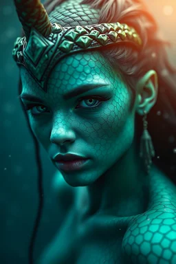 Photoreal gorgeous thrity year old green-blue triton ranger woman with green-blue scaled green-blue skin floating in the deep ocean realm by lee jeffries, otherworldly creature, in the style of fantasy movies, photorealistic, bokeh masterpiece smooth shading, ultra detailed, high resolution, cinematic, unreal 6, subtle shadows, octane render, 8k, cinema 4d, HDR, dust effect, vivid colors.