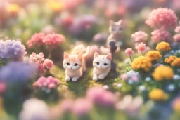 top view of a miniature flower farm scene with cute chibi anime gardener cats tending to the flower fields S<AI in sunshine, photorealistic, 3D, ethereal, cinematic postprocessing, bokeh, dof