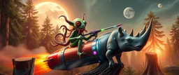 hairy macho gremlin octopus lizard alien couple living in a hi tech marvellous hot dog art graphics and gems on rocket with a mounted sling shot mega harpoon, heading for venus , background motion blur and smoke swirls, and cheeky slug rhino through giant forest with thick tree stumps