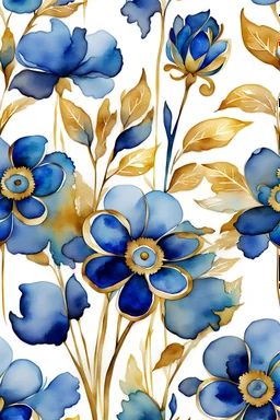 watercolor abstract big BLUE flowers with golden outlines on white background