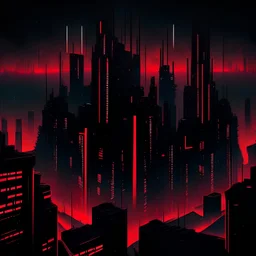 a large city with only tall deep black rectangular buildings with neon red outlines, a pitch black sky is above