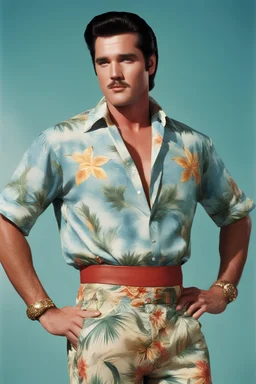 Elvis Presley/George Reeves with medium length bob-styled brown hair, a mustache, wearing a Hawaiian shirt and Bermuda shorts- well-lit, UHD, 1080p, professional quality, 35mm photograph by Scott Kendall