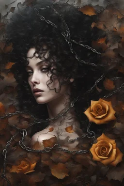 abstract creation of a beautiful girl with black curly hair, surrounded by black roses, thick metal chain broken, glass petals on the ground, autumn colours,dried out thorn bush, chaos,