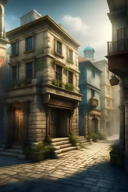 Stone Building, Old city, magic box in a Street, world fantasy
