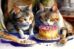 Two cats are having a birthday cake.. Highly detailed, smooth colours, realistic landscape. Aquarell