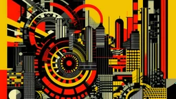 Un gráfico digital audaz y de alto contraste, adoptando la estética constructivista y la geometría de vanguardia de artistas como Aleksandr Rodchenko o el Bauhaus. Presenta una composición monumental de engranajes gigantescos que se entrelazan para formar una estructura urbana opresiva e interminable. Las formas son angulares y puras, utilizando una paleta limitada de rojo industrial, negro, gris plomo y amarillo. No hay profundidad natural; la perspectiva se aplana mediante líneas diagonales di