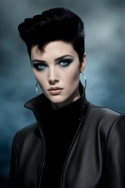 ProtoVision - Absolute reality --a black and gray gradated wall in the background with fog -- If Elvis Presley was an emo female -- facial portrait -- absolutely stacked, thin, petite, little, with great big giant bazoombas, short, military-cut, buzz-cut, pixie-cut black hair tapered on the sides, bright blue eyes, wearing short sleeved, nylon, Turtleneck half shirt, blue jean mini shorts, heavy, black fishnet stockings, punk rock styled, platform boots, black lipstick, dark, emo, eye makeup,