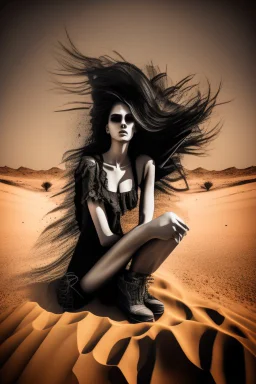 Explosive abstract image of a beautiful gothic girl sitting in the desert sand, thick urban textures, zoomed in chaotic