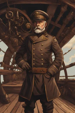 a combat airship captain standing at the helm on the bridge steampunk
