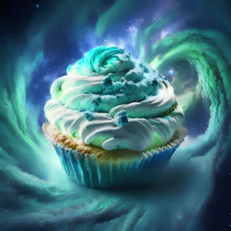 cosmic muffin in space, delicious galactic cream vortex, 8k resolution, photorealistic, ultra detailed, green and blue