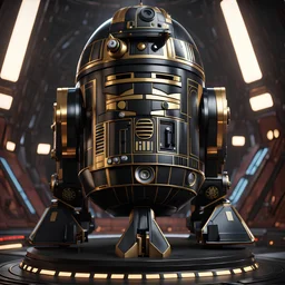 star wars r6 series astromech with short head, flat on top, shiny black body, gold trim, inside the jedi temple, centered portrait, hyperdetailed, dynamic lighting, hyperdetailed background, 8k resolution, volumetric lighting, fully symmetric