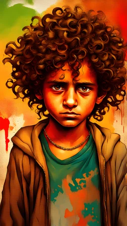 A destitute Palestinian boy with dense curly hair, nice eyes, crying soft smile, fear expression, in khefiya and old torn dirty dress, highly detailed, concept art, graffiti art, splash art, street art, spray paint, oil gouache melting, acrylic, high contrast, colorful polychromatic, ultra detailed, ultra quality, CGSociety