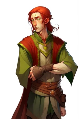 d&d high elf male fourteen years old with red hair wearing medieval clothes with hands behind his back