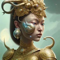 Sango fantasy, fantasy magic, intricate, sharp focus, illustration, highly detailed, digital painting, concept art, matte, art germ and Paul Lewin and Kehinde Wiley, masterpiece silver elephant head bronze Buddha Asian African girl nice breast Hawaiian hair turquoise golden waves