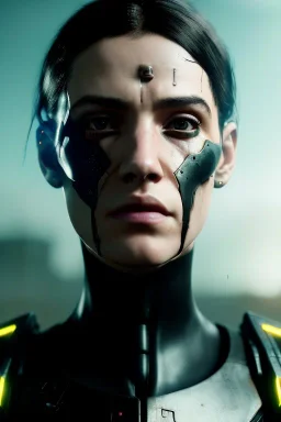portrait post-apocalypse ,latex cyborg in a cyberpunk city, sci-fi fantasy style, 8k,dark coloursA portrait post-apocalypse cyborg Sofia Boutella in a cyberpunk city, sci-fi fantasy style, 8k, volumetric lighting, particales,highly detailed,cinematic, deep scars on face,deep colours.
