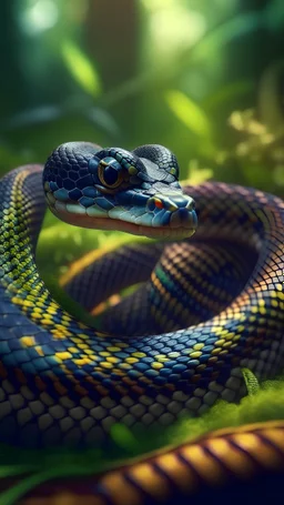 close up portrait of a happy blessed boa snake woven into a sacred geometry knitted tapestry hammock over an ant hill in the middle of lush magic jungle forest, bokeh like f/0.8, tilt-shift lens 8k, high detail, smooth render, down-light, unreal engine, prize winning