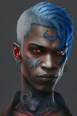 Brown skin, red eyes, straight short blue-grey hair, snake tattoo on neck, black clothes