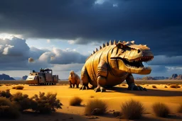 A nuclear submarine left in the desert with sands T rex dinosaurs are on it and around it and stormy clouds ,