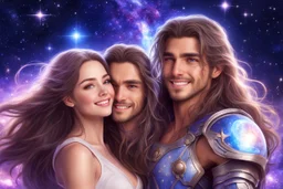 beautiful women with long hair, light eyes , with a little sweety smile, with his boyfriend that is a sweety strong cosmic warrior in peace. in a background of stars and bright beam in the sky