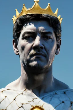 Ultra Realistic image, classic sculpture, white marble material, Maradona, gold crown of natural thorns, god crown, gold veins, gold ornaments, sun rays background, waist up portrait, epic, celestial, cinematic lighting, God lights, 4k resolution, smooth details, soft lighting, unreal engine 5, art station, substance 3d.