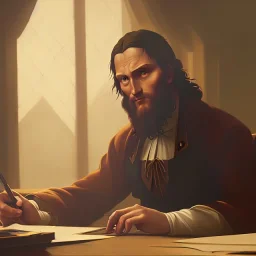 leonardo da vinci works in his study on a laptop at his desk. painting in photoshop. hyperdetailed, warm colors, movie poster, photoillustration, oil on canvas, lens flare