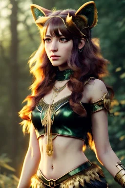 Druid character, young woman, cat ears, golden hair, long hair, golden eyes, animal hide armor, waist up portrait, 4k resolution, intricate details, ornate details, soft lighting, vibrant colors, retroanime, masterpiece, intricate eyeliner, dark eyeshadow, eyes, intricate tattoos, natural background, fae, sidhe