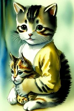 A cute cat is holding a kitten. Watercolour