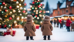 Little men in a hat and coat on the background of a Christmas tree, christmas market, winter season, happy holidays