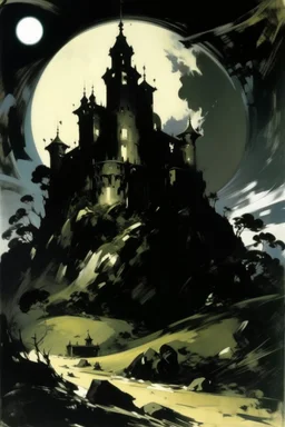 A black dark castle with warped moons painted by John Singer Sargent