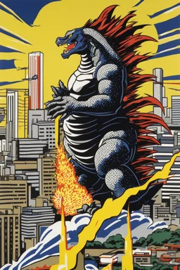 godzilla destroying tokyo painted by roy lichtenstein