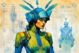 Hand drawn technical,full body portrait illustration , with detailed blueprints and engineering schematics of a walking leaf insect girl, in the comic book art style of BILL SIENKIEWICZ and JEAN GIRAUD MOEBIUS, with highly detailed facial features, drawings, and technical notation, 8k, vibrant natural colors