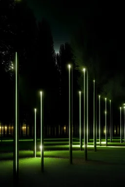 short random minimalistic lighting poles in an urban plaza in green areas among vegetations