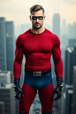 full-length, A portrait of a man with piercing blue eyes, a chiseled jaw, goatee, timeless face, stern expression, Wearing a skintight formfitting red, textured cotton hero suit, he wears a thin, black leather, bandit eye disguise over his eyes, blue trunks, a black belt with silver buckle, black wrist gauntlets, knee-high black leather boots, a futuristic cityscape background