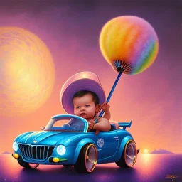 A one-year-old boy rides in the plastic funny toy-car on the middle of a busy street in new york. He has and a large-brimmed straw hat. somehow photographic bright colors and sunset, fantasy art, Anna Dittmann, digital painting, dan mumford, oil on canvas, jeff koons, akihito yoshida, wlop, kodachrome,