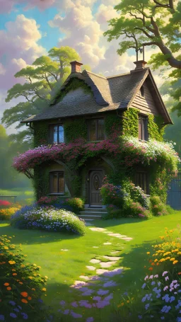 Art by Ralph Horsley. "beautiful ancient cottage fully overgrown by flowers | maximalist, dreamy | intricate details | hyperdetailed painting by Hirofumi Keracenter, Tom Bagshaw | middle, centered". ultra highly detailed, detailed digital painting, highly detailed, intricated, intricated pose, clarity, high quality